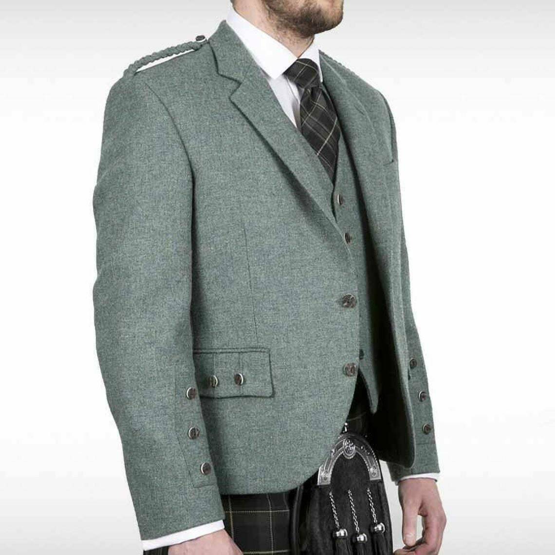Scottish Men's Lovat Green Argyle kilt Jacket With Waistcoat Wedding Kilt Jacket